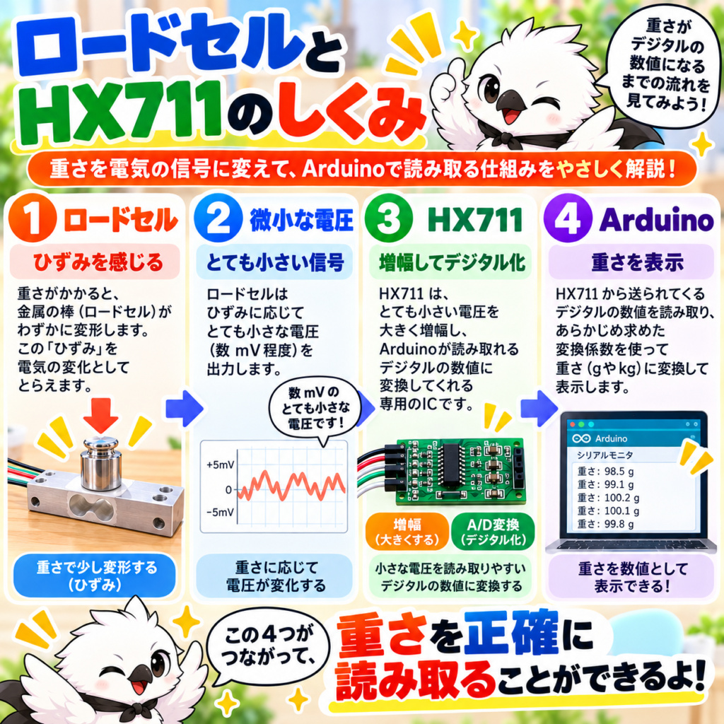 ロードセルのひずみをHX711で増幅してArduinoで重さとして読み取る仕組み