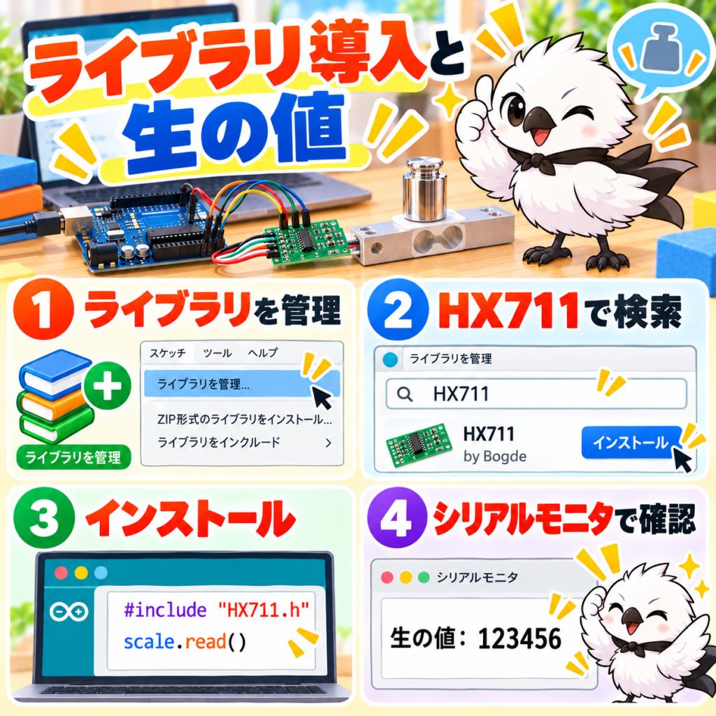 Arduino IDEでHX711ライブラリをインストールして生の値を確認する手順