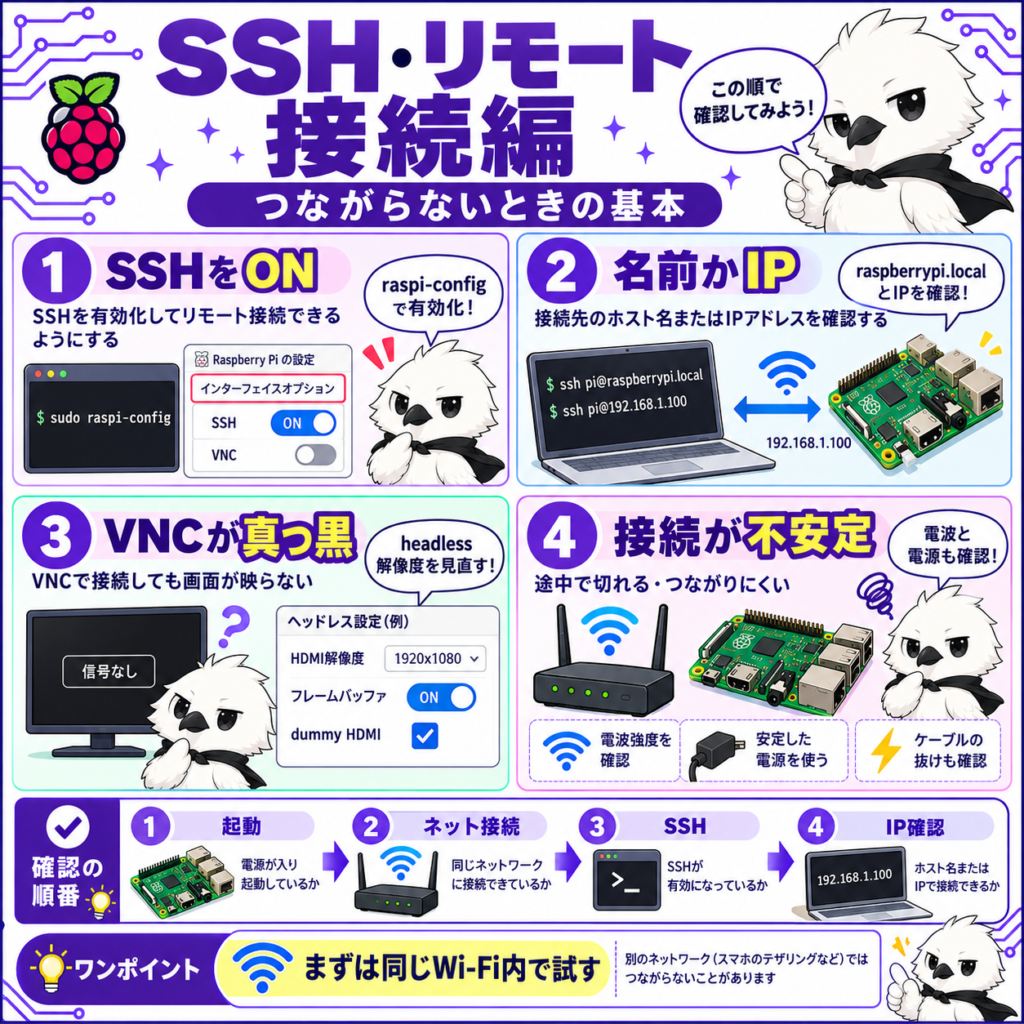 Raspberry PiのSSHやVNCリモート接続トラブルの確認方法