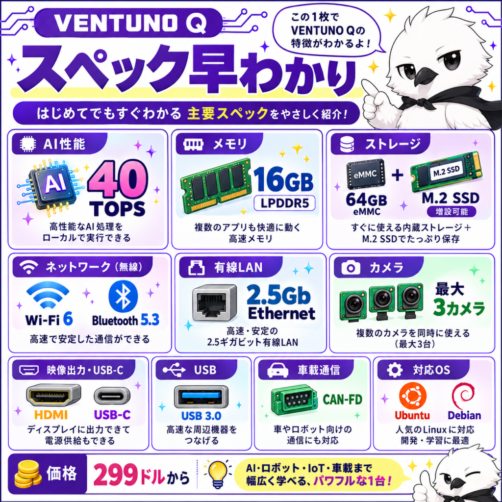 Arduino VENTUNO QのAI性能40TOPSや16GBメモリなど主要スペック一覧