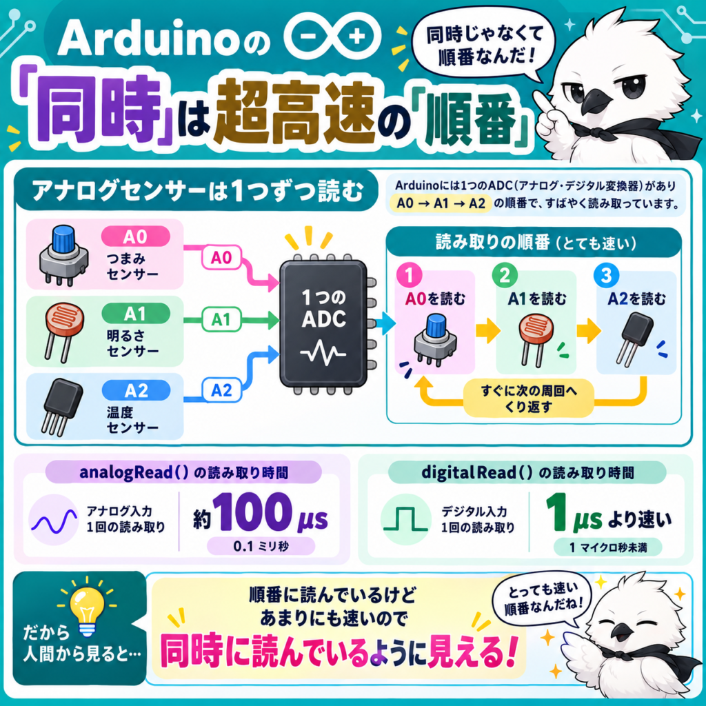 Arduinoのアナログ入力をA0・A1・A2の順番で高速に読み取る仕組み