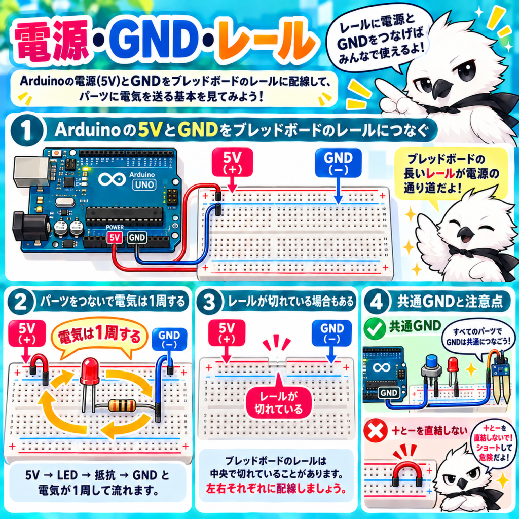 Arduinoの5VとGNDをブレッドボードの電源レールへ接続する方法を解説した図解
