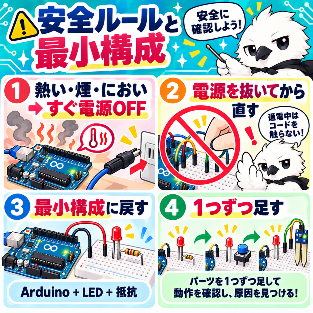 Arduino電子工作の安全ルールと最小構成からトラブル原因を探す手順を解説した図解