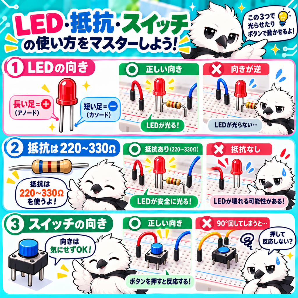 LEDの向き・220から330Ωの抵抗・タクトスイッチの使い方を解説した図解