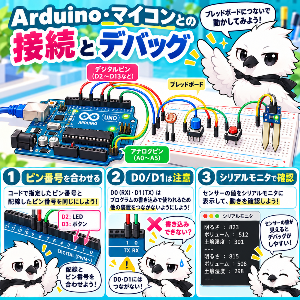 Arduinoとブレッドボードのピン接続・D0とD1・シリアルモニタのデバッグ方法を解説した図解