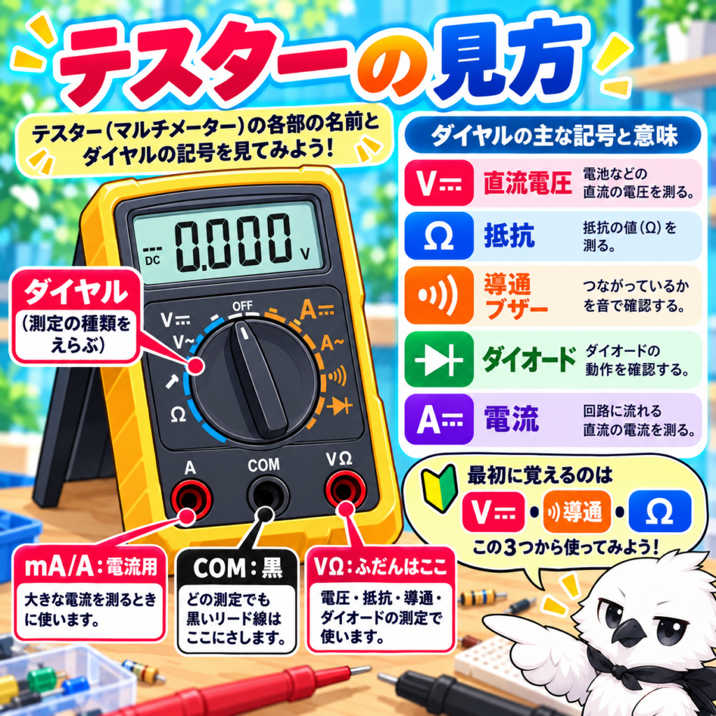 デジタルテスターのCOM端子・VΩ端子・電流測定端子とダイヤルの主な記号を説明した図解