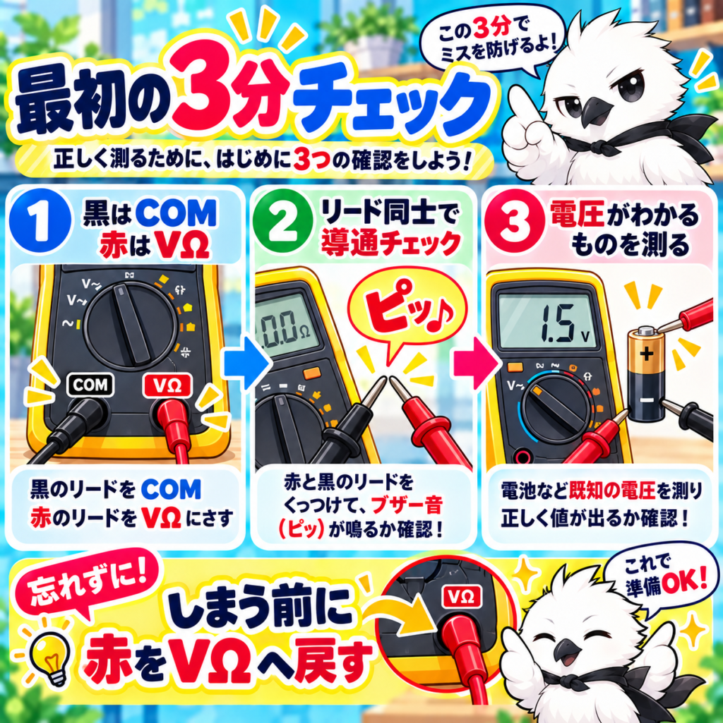 テスター使用前に確認するリードの接続位置・導通チェック・乾電池の電圧測定を3段階で解説した図