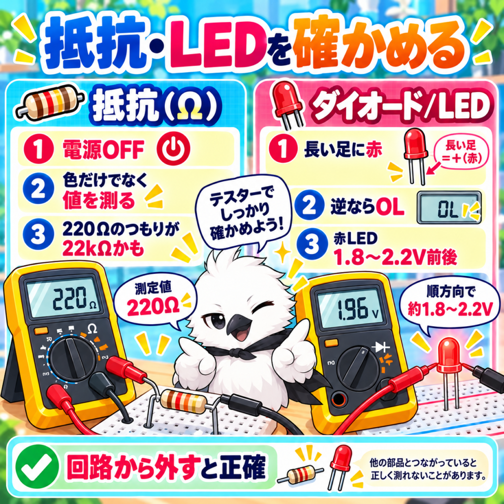 テスターの抵抗測定モードで220Ωの抵抗器を確認し、ダイオードモードでLEDの極性を調べる図解