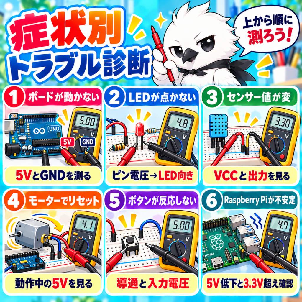 Arduino・LED・センサー・モーター・タクトスイッチ・Raspberry Piの6つの不具合をテスターで診断する図解